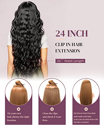 Шнола за коса разширения, LONAI 6ШТ 24 Черни коса за удължаване, дълги вълни русалка, вълнообразни синтетични игли за коса за жени (черен)