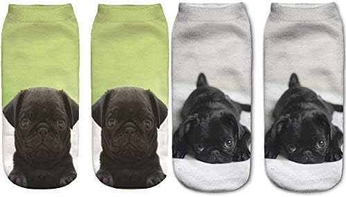 Angelteers 3D Черни Чорапи на Щиколотке с Мопс, Забавни Чорапи с Ниско Деколте и за Кучета за Деца, Момчета и Момичета