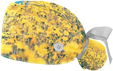 Hondank 2 елемента Дамски Регулируема Работна Шапка с Копчета и Тренировъчната лента на Един Размер с Красиви Жълти цветя