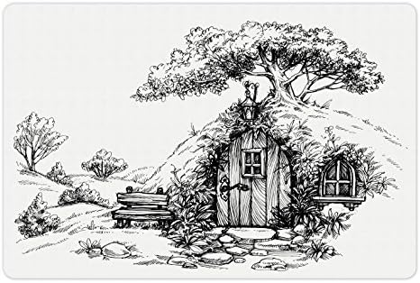 Foldout Подложка за домашни за храна и вода, Рисунка на Дървена Къща-Джудже в гората и Дърво на покрива, Правоъгълен Нескользящий
