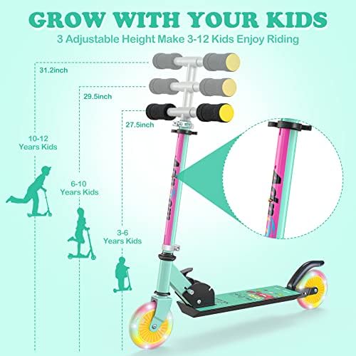 Скутер ADNOOM за деца на възраст от 3 до 12 години, Сгъваем скутер с колела с led подсветка, 3 регулируеми по височина и лек дизайн за момичета