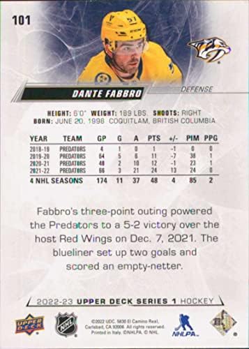 2022-23 Горната палуба 101 Данте Фаббро Хокейна карта серия 1 НХЛ Нешвил Предаторз на Данте Фаббро