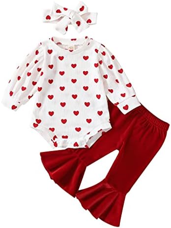 Облекло За Свети Валентин За Малки Момичета, Гащеризон с дълги Ръкави и Принтом Мил на Сърцето, Върховете + Червено кадифе разкроена