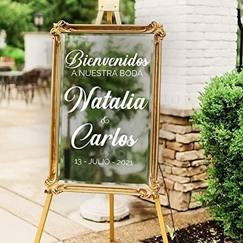 Винил Арт Стикер - Bienvenidos A Nuestra Boda - 30 x 22 - Елегантен Стикер на поръчка В Изправено испански стил, Персонализирано Сватбена Поздрав