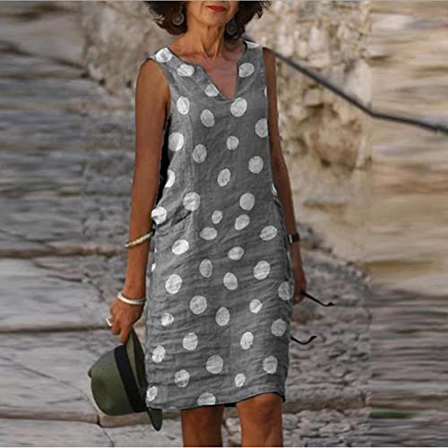 Жена лятно ежедневното без ръкави рокля с V-образно деколте и принтом на точки, с плажна мини рокля на спагети презрамки с джобове