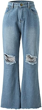 дамски Панталони, дамски ежедневни панталони-камбанка с висока талия, разкроена джинси с дупки до коляно, свободни скъсани дънки, панталони