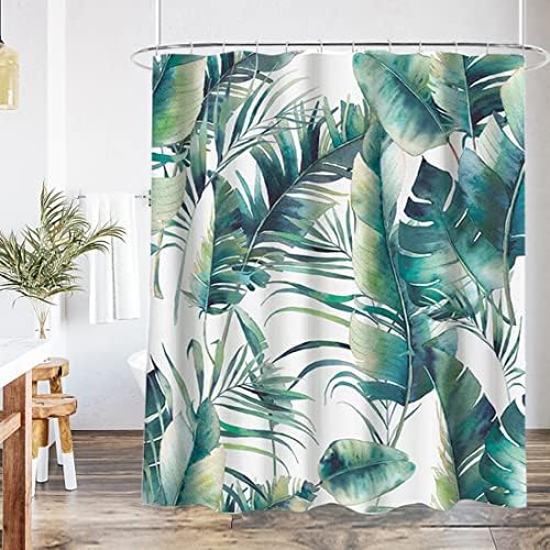 Завеси за душ в стил Бохо за баня, 72 x 72 Инча, Определени Завеса за душ с Акварельно-Зелени Листа от Тропически Растения, Модерна