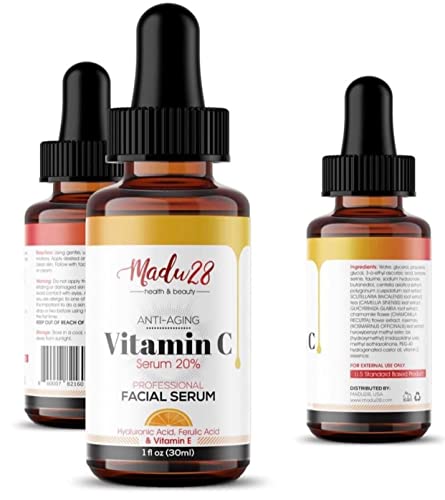 Серум Madu28 с витамин С, концентриран 20% от витамин е, хиалуронова киселина, феруловой киселина против Стареене, против бръчки за кожа.