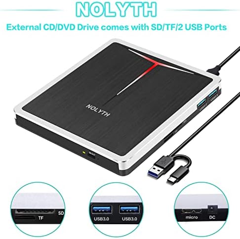 Външно CD/DVD устройство NOLYTH за лаптоп USB 3.0 Type-C, Устройство за запис на CD и DVD-та с порта SD/TF/USB, Портативен