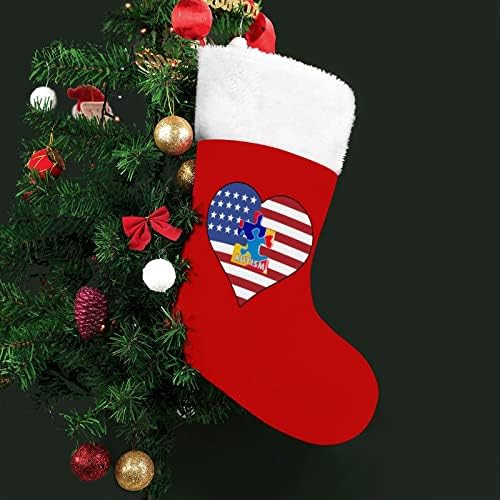 Информираността За Аутизма в САЩ Коледни Чорапи, във формата на Сърца от Червено Кадифе, с Бял Пакет шоколадови Бонбони, Коледни Украси