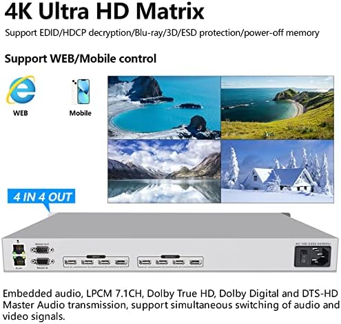 Матричен превключвател HDMI 4K 4x4 2k @ 30 Hz Матричен превключвател HDMI видеопереключатель Поддръжка на мрежата за управление на
