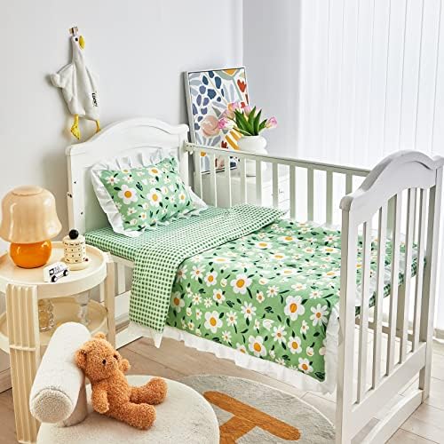 Комплект Спално бельо за детска стая легла с цветя, Зелени Детско Стеганое Одеяло в Ботаническата стил с Рюшами, Зелен Чаршаф и Калъфка