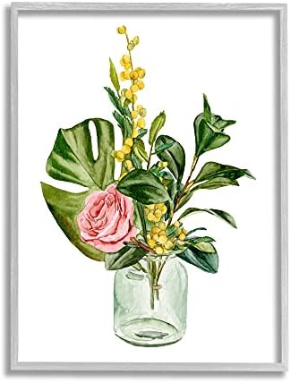 Stupell Industries Розово-Жълто Ботаническата букет в Стъклен буркан, Акварел, Дизайн Мелиса Wang, Стенно изкуство в сивата рамка,