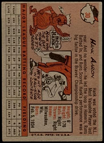 1958 Topps 30 WN Ханк Аарон Милуоки Брейвз (Бейзболна картичка) (Име бели букви) VG Брейвз
