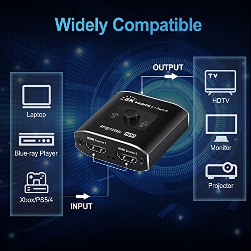 avedio свързва HDMI комутатор 2.1 8K @ 60Hz, комутатор, HDMI 4K @ 120Hz 2 в 1 изход, HDMI превключвател с 2 порта, поддръжка