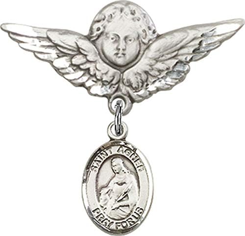Детски икона Jewels Мания за талисман на Свети Агнессы Римската и икона на Ангел с крила на булавке | Детски икона от сребро с талисман