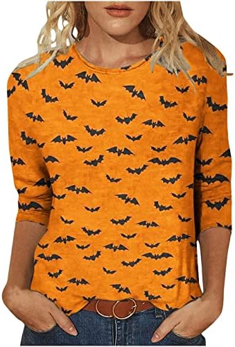 Женска Тениска Лято Есен 3/4 Ръкав Кръгъл Отвор Памук Графичен Празничен Брънч на Хелоуин Свободно Намаляване Блуза, Риза за Дами TF