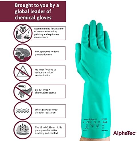 Нитриловые Промишлени Химически Устойчиви ръкавици AlphaTec Solvex 37-155 за работа с храни, механици, Комунални услуги - Зелен