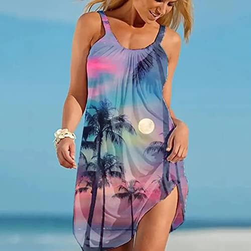 Жена ежедневното мини-рокля без ръкави с цветен принтом, летни плажни рокли-туники с тропически принтом, къси sundresses