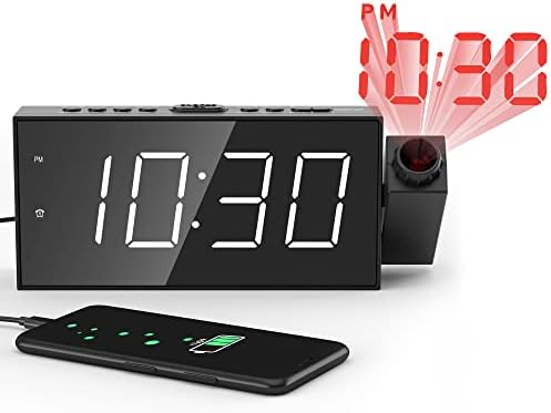 Прожекционен Цифров часовник с аларма за таван, стени, спалня, FM radio, голям брой 7 инча и 5 диммеров, Проектор 350 °, USB-зарядно, Таймер