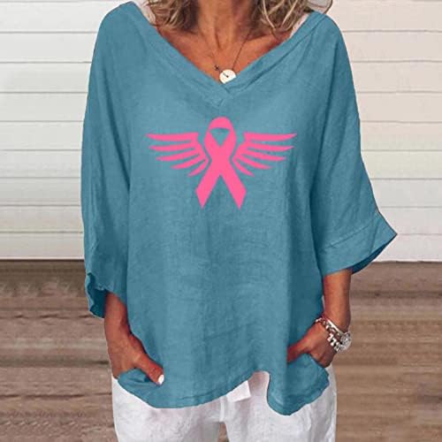 Блуза, Риза за Момичета Лято Есен Ръкав 3/4 2023 Лен Памук V Образно Деколте Графичен Капри Рак на Гърдата Lounge Тениска 43