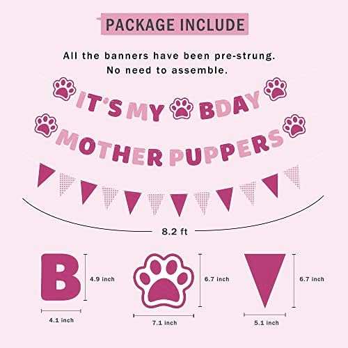 Предварително нанизани Аксесоари за парти в чест на рождения Ден на Кучето, Банер It' s My Bday Mother Puppers Розов Цвят,