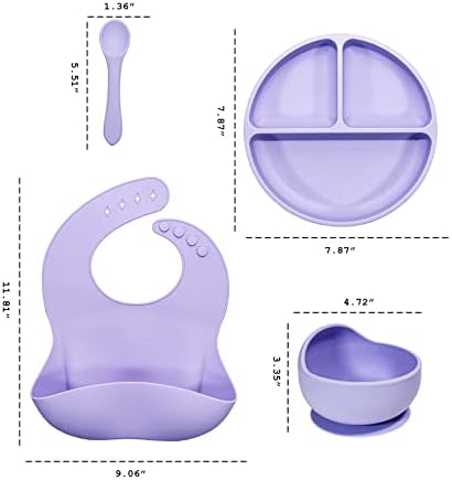 Силиконов комплект за хранене на бебето – Кръгла смукателна се раздели с чиния с капак, пълна силиконова лъжица и вилица, Здрава смукателна