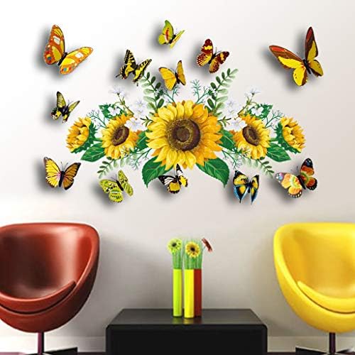 Стикер за стена със Слънчогледи, 12 бр., 3D Цветни Стикери за стена с Пеперуди за Детска, Спалня, Баня, Кухня, Подвижни Стенни