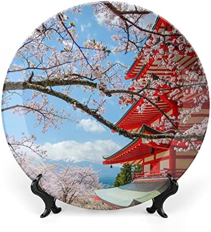 Декоративна Чиния Cherry Blossom Mount Fuji Кръгла Керамична Чиния от Костен Порцелан със Стойка за Дисплей за Вечерни Сватбен