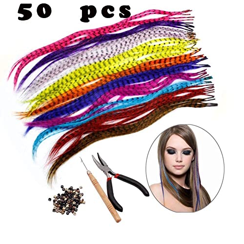 Комплект за удължаване на косата от пера със синтетични пера, клещи от 100 мъниста и плетива (50 пера)