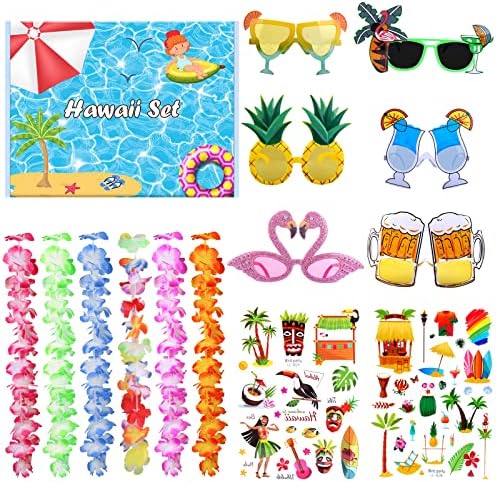 KIYTARBOO 6 бр. Слънчеви Очила за партита Luau + 6 бр. Хавайски Цветя Leis + 2 бр. Набор от Стикери с татуировки в Хавай за Деца и Възрастни,