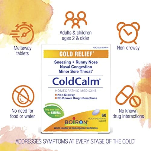 Хапчета Boiron ColdCalm за облекчаване на симптомите на настинка, като кихане, хрема, болки в гърлото и запушен нос - Не причиняват