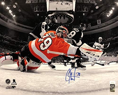 Картер Харт, Подскачащи в прожекторе, Спасява хокей снимка Филаделфия Флайърс Размер 11 x 14 С автограф - JSA Аутентифицировано