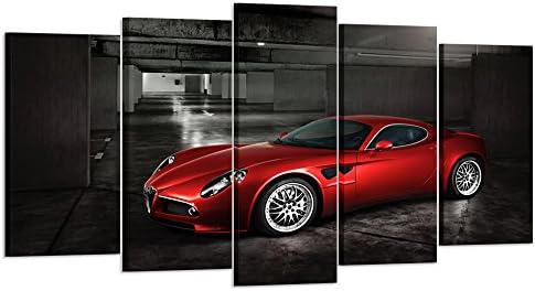 Творческа изкуство - 5 Панели Червен спортен автомобил в черно-бели Плакати, Монтиране на Изкуството в рамка върху Платно, Снимки