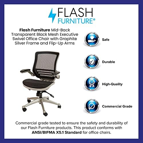Въртящо се Офис стол за мениджъри със Средна облегалка от Прозрачен Черна мрежа Flash Furniture Warfield със Сребристо-графитовой