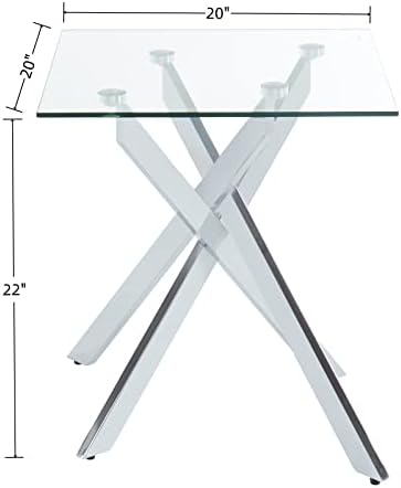 Квадратен Приставной маса в модерен Стил с Плот от Закалено Стъкло и Метални Тръбна Крака, Сребристо 20Dx20Wx22H