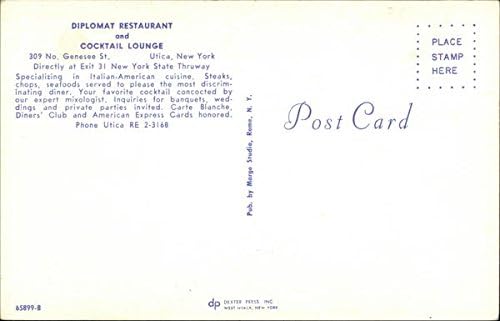 Ресторант Diplomat и Коктейл-бар Utica, Ню Йорк, Ню Йорк Оригиналната Реколта Картичка