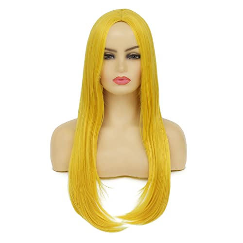 Baruisi Жълти перуки за жени, дълга права синтетична натурална средната част, cosplay, перука на Хелоуин