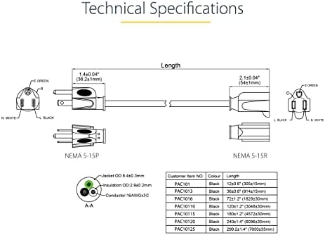 StarTech.com удължителен кабел за захранване дължина от 6 фута (2 метра), черен удължител от NEMA 5-15R до NEMA 5-15П, 13A