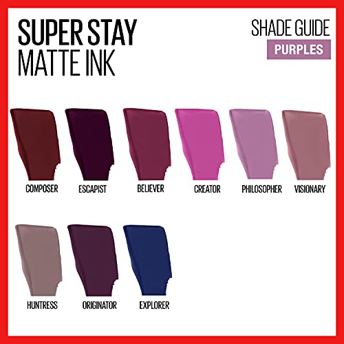 Течна червило на Maybelline Super Stay Matte Ink за грим, Стабилен, удароустойчив цвят, до 16 часа носене, Спокоен, Тъмно лилаво, 1