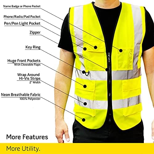 Жилетка за безопасност PeerBasics, 10 x, Жълто, Клас ANSI 2, Отразяваща, За мъже и Жени, Унисекс, С джобове с цип, Дишаща мрежа