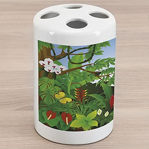 Керамични Държач за четка за зъби Ambesonne Plant, Cartoony фигура Жива гора с пеперуди, Дървета и Различни цветя, Декоративна