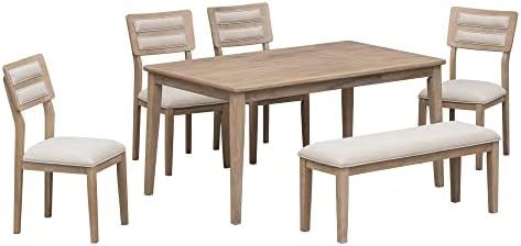 Маса за хранене в класически стил от 6 теми, дървена маса за хранене с 4 меки столове и пейка, на набор от кухненски мебели за семейството