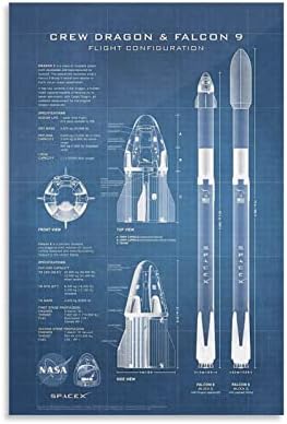 Лош космически кораб Spacex Crew Dragon Falcon 9 Rocket Blueprint (3) Стенен Арт Принт на Платно Плакат Декоративна Живопис