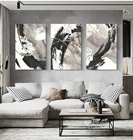 Голям Черно-бялото Платно Арт Стенен Декор за Спалня В Рамката на Абстрактна Живопис с 3 Ламперия Златисто-Сив Печат Модерна