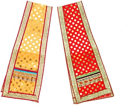 Комплект от 2 червено-жълти декоративни салфетки за пуджа Пуджа Чунар Дупатта (Размер:- 18 x 3,5 инча) Обекти за пуджа,