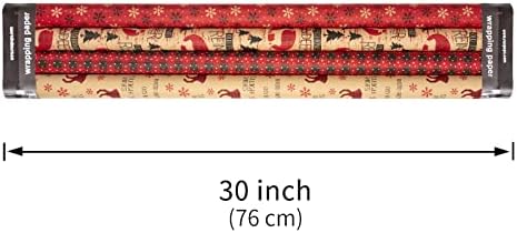 Коледна Амбалажна хартия RUSPEPA, Крафт хартия - Червени и черни коледни мотиви - 4 ролка - 30 инча х 10 метра в ролка