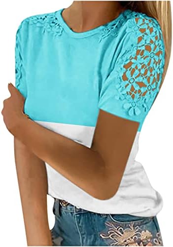 Блуза за Юниорок Лято Есен Лейси С Къс Ръкав И Кръгло деколте на Раменете си, Върховете на Свободния Намаляване с Цветен Блок За Момичета