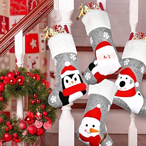 Коледни чорапи FQZYLCH за деца, 4 опаковки, Голям размер, 18 инча, Сив Отглеждане на Бъфало с бял Мек флисом, 3D Пингвин Дядо