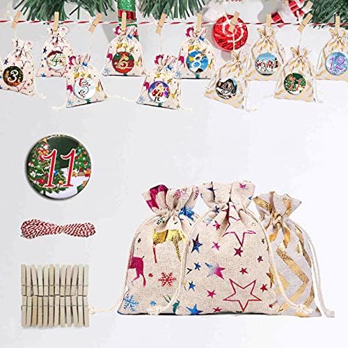 Комплект от 24 Коледни Адвент календари 2021, коледна торба от зебло, 24 Календар за обратно броене с настъпването на Коледа,